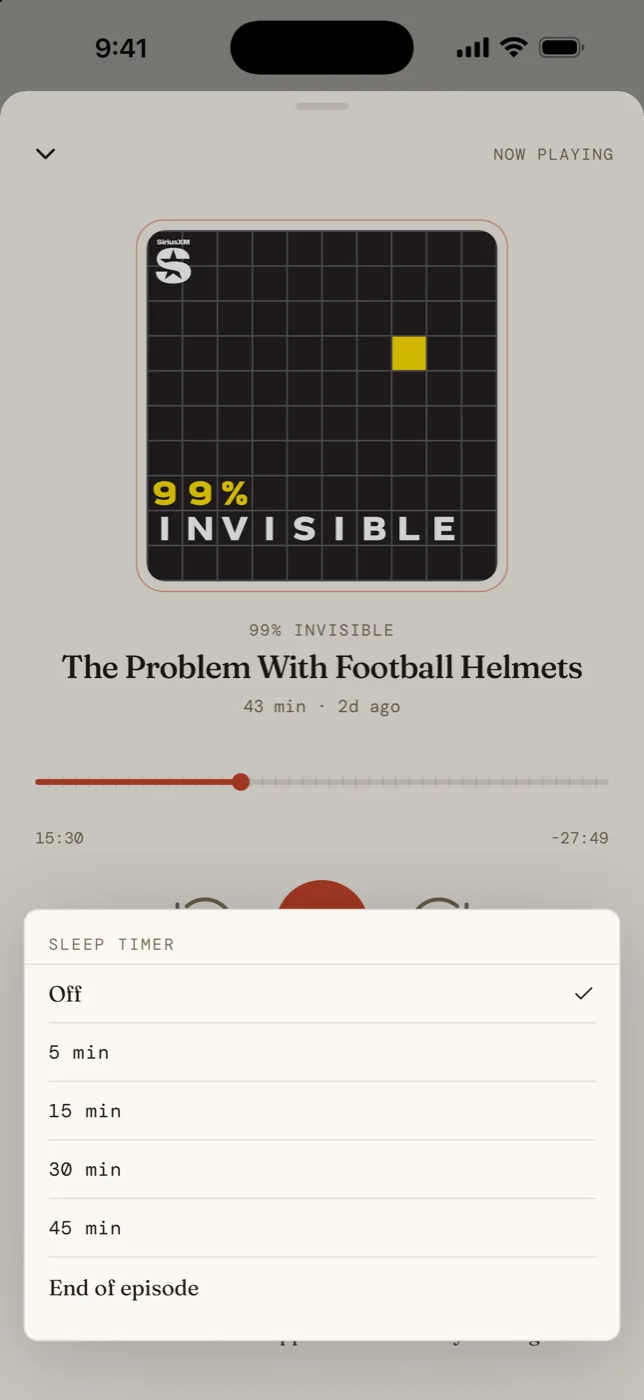 The sleep timer picker, offering 5 to 45 minutes or the end of the episode.