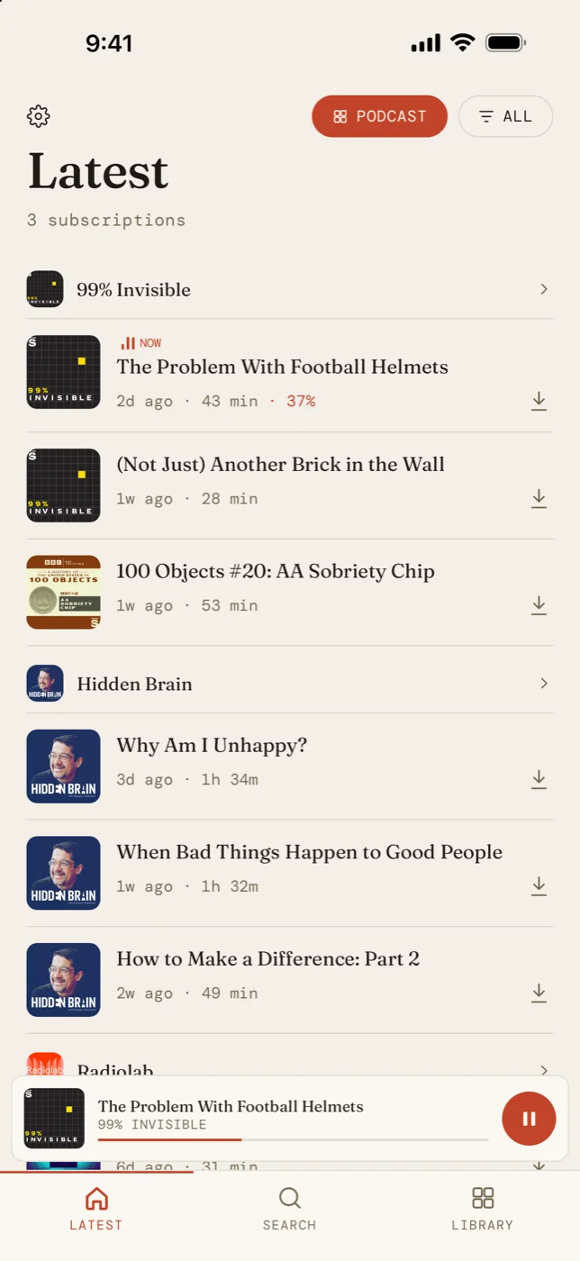 Latest grouped by show, with the newest episodes listed under each podcast.